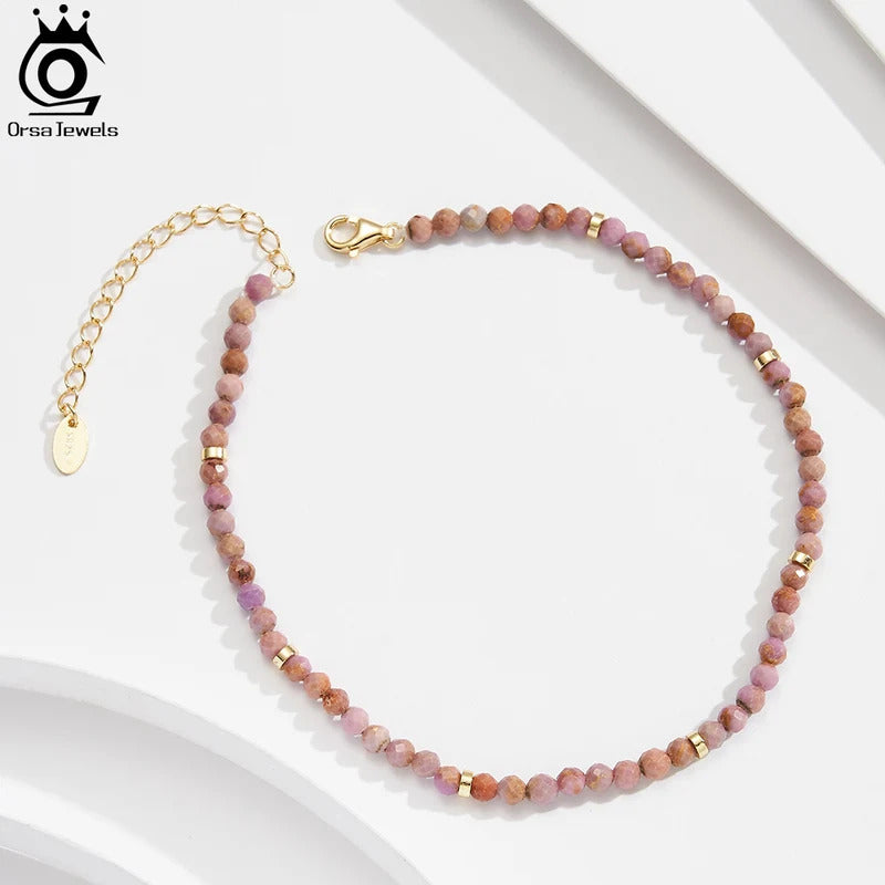 ORSA JEWELS 925 Silver Purple Mica Stone Beads Anklet Light Luxury High Quality Stone Foot Chian Delicate Anklet Jewelry SA90