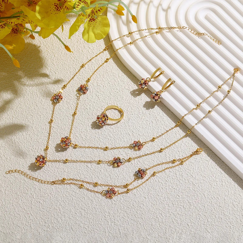 Fashionable 4-piece set of hand-woven gold and multi-color copper beads wavy line wear Open cuff bracelet ring for women's daily