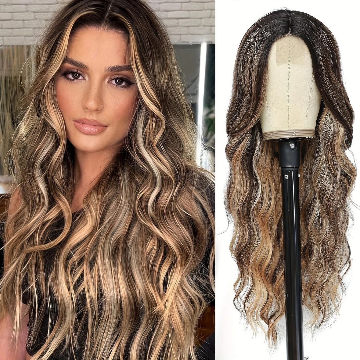 Xuchang European and American Style Wig for Women, Front Lace Wig, Middle Part, Small Lace, Highlighted Long Curly Hair, Synthetic Fiber Wig, Export Wigs