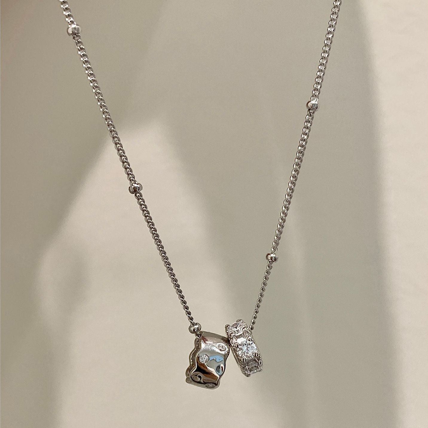 S925 Sterling Silver Double Ring Zircon Necklace Women's Light Luxury Double Ring Niche Clavicle Chain High-grade Sense Woolen Chain New Style