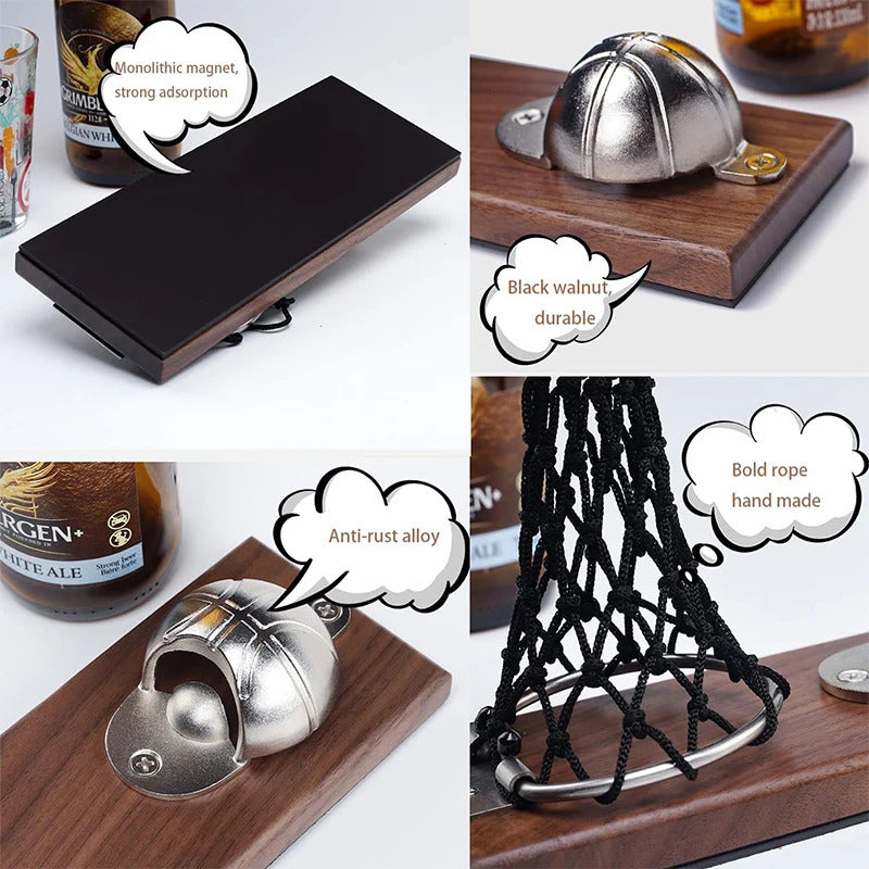 LMETJMA Magnetic Basketball Bottle Opener Wooden Wall-mounted Beer Bottle Opener with Cap Catcher Ideal Gift for Basketball JT82