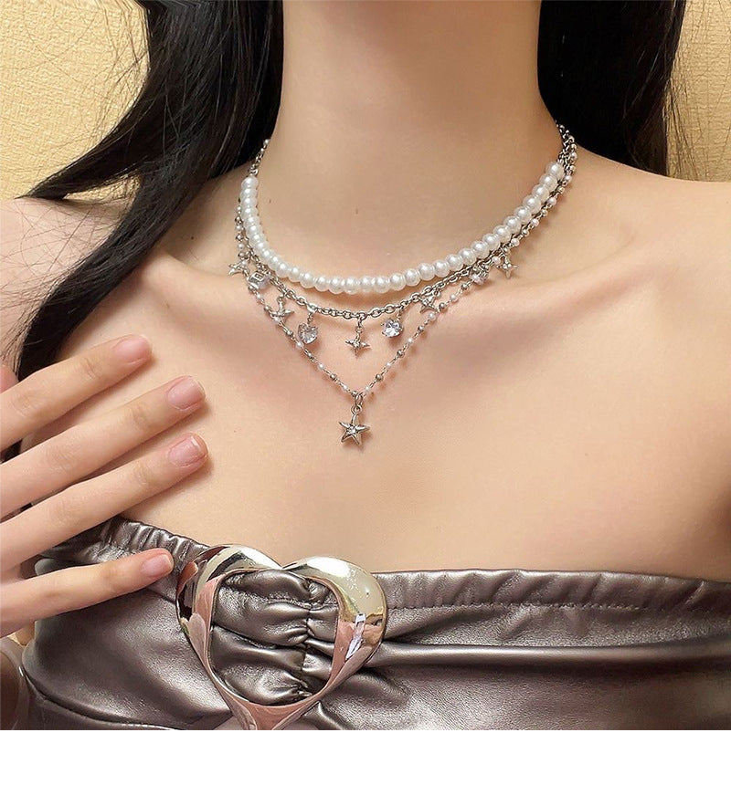 Iterative Five-pointed Star Pendant Pearl Necklace Cold Style Light Luxury Spice Clavicle Chain