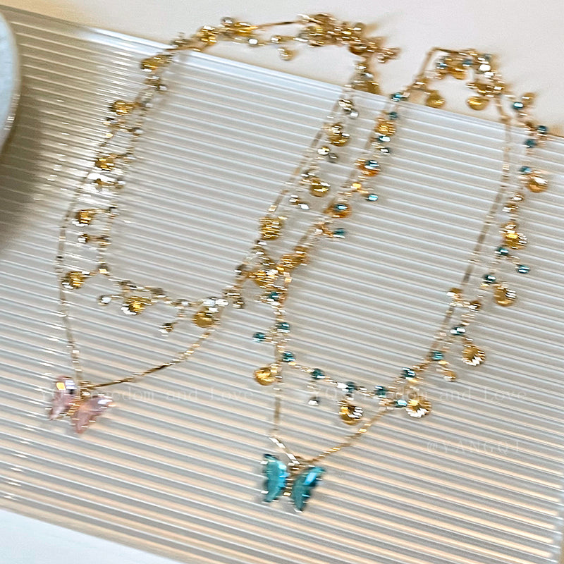 Blue Butterfly Double Tassel Necklace Summer Cool Necklace Accessories Female Niche Clavicle Chain