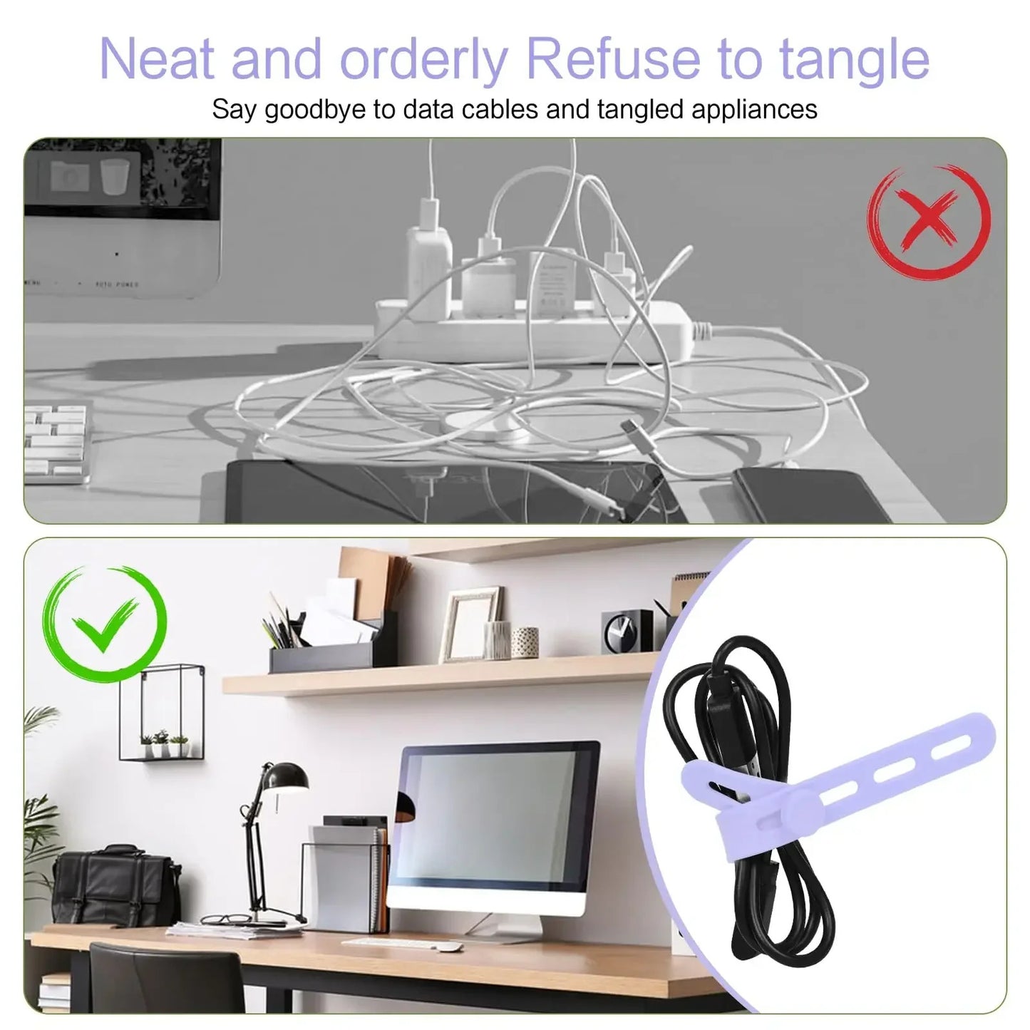 Silicone Cable Winder Charge Line Management Adjustable Straps Lock Cable Tie Straps for Home Office Reusable Data Wire Managers