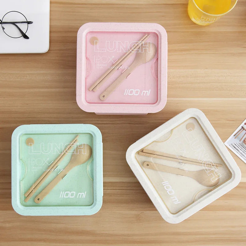 1100ML Lunch Box For Kids School Adults Office Wheat Straw Microwave Picnic Storage Portable Big Bento Box With Spoon Chopsticks