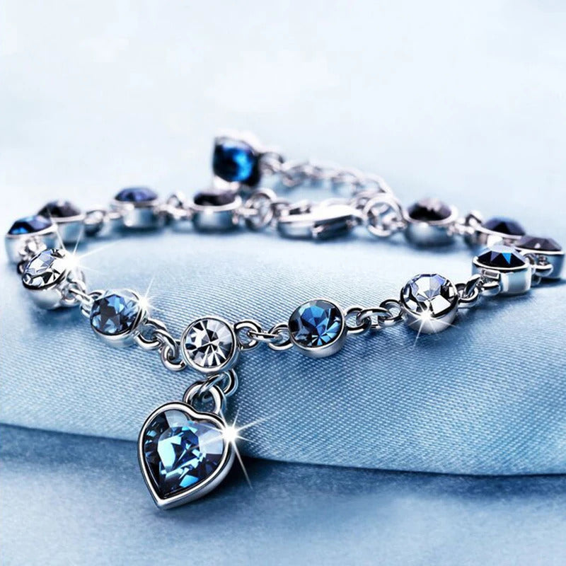 New Women Luxury Lucky Bracelet for Female Blue Crystal Heart Charm Bracelet Women Bridal Wedding Engagement Fine Jewelry Gift
