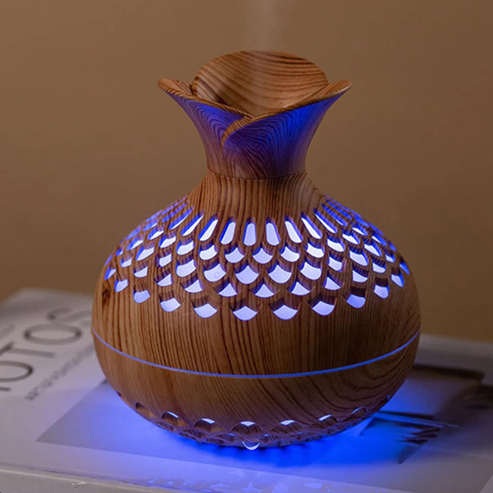 300ML Wood Grain Flower Humidifier Silent Aromatherapy Diffuser USB Rechargeable Mini Air Humidifier with Colorful Night Light