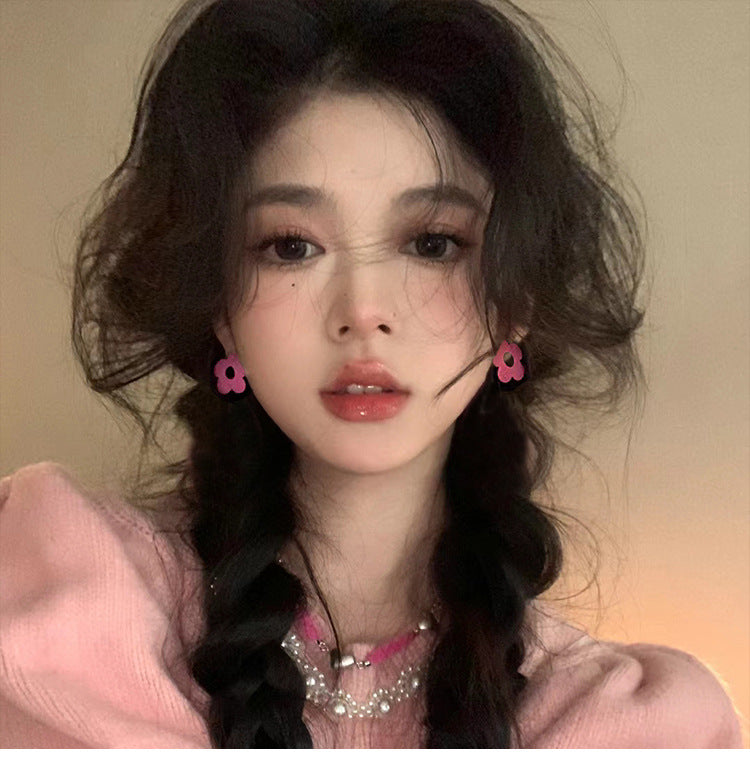 High-grade dopamine rose red earrings female niche design earrings net red pink earrings