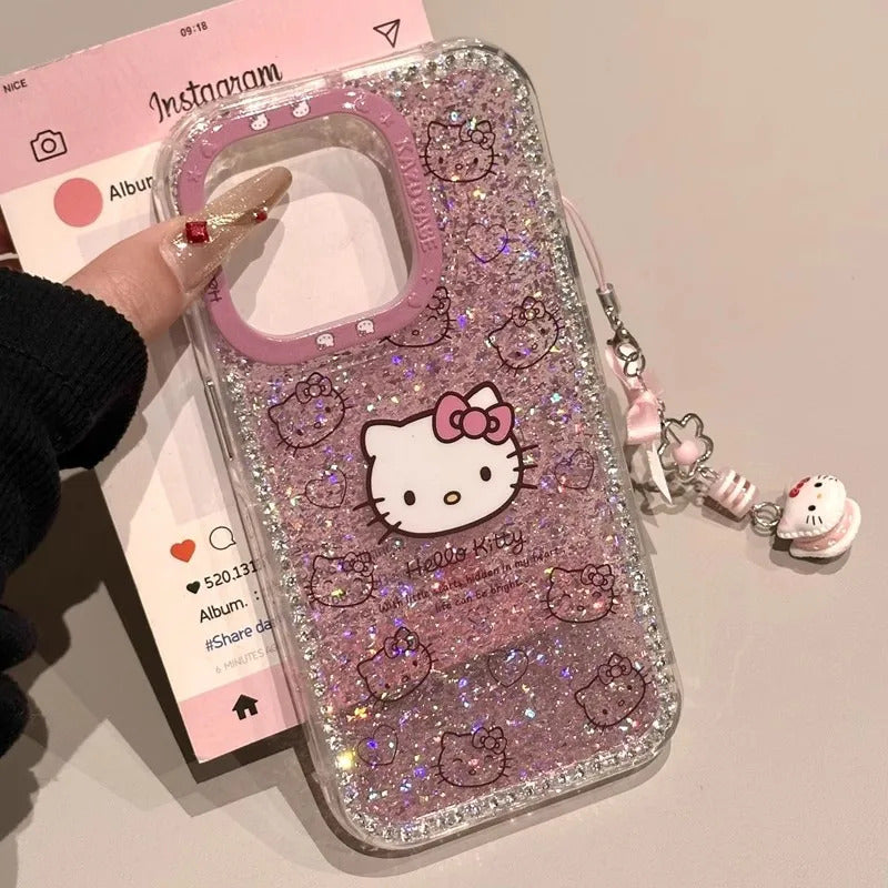 New Hello Kitty 3d Glitter Diamand Shell Case With Pendant For Iphone 16 15 14 13pro Max Plus Japan Korean Girl Soft Cover Gift