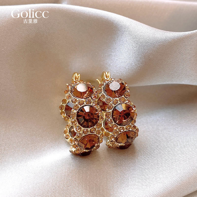 Brown Crystal Circle Ear Clip Women's Elegant Light Luxury Earrings High-Grade Earrings for Women