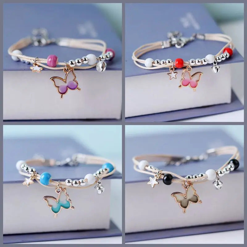 Kpop Cute Colorful Butterfly Bracelet for Women Girl Fashion Hand-woven Star Bell Beads Flower Pendant Bracelet Sister's Jewelry