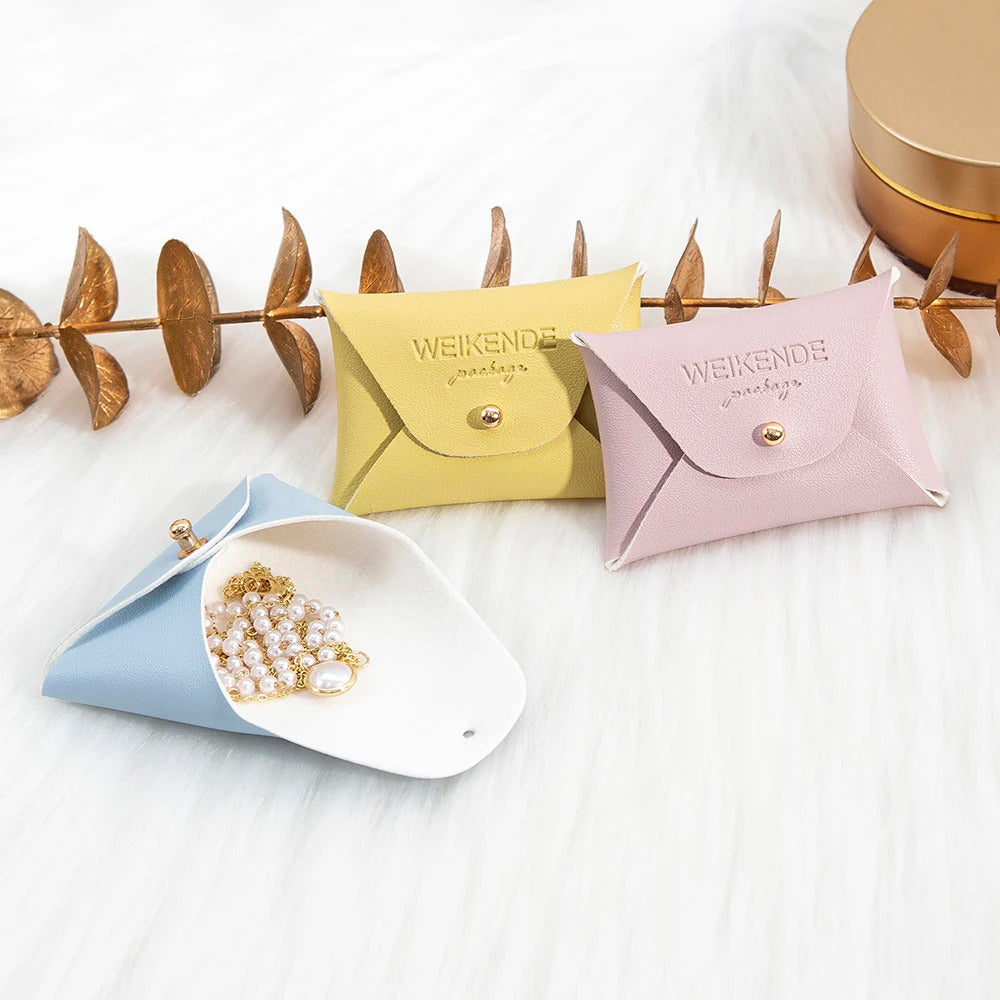 Custom Logo Embossed PU Leather 50/100pcs 5x7cm Gold Jewelry Bag Rings Earrings Necklaces Button Organizer Storage Gift Pouch