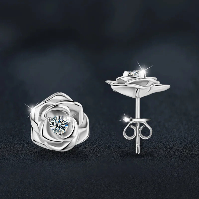 S925 Sterling Silver Moissanite Rose Earrings – Dainty & Elegant
