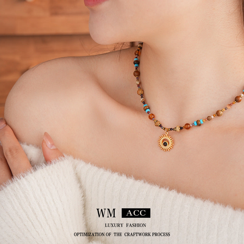 Titanium Steel Natural Stone Rice Bead Sun Necklace Retro Ethnic Style Niche Clavicle Chain Light Luxury High-end Fashion Jewelry