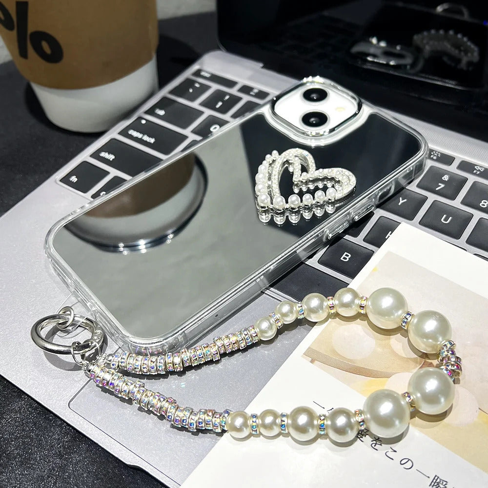 Love Heart Lanyard Mirror Phone Case For iPhone 13 11 16 15 Pro Max 12 14 Plus XR X XS Case Wrist Chain Makeup Mirror Soft Cover