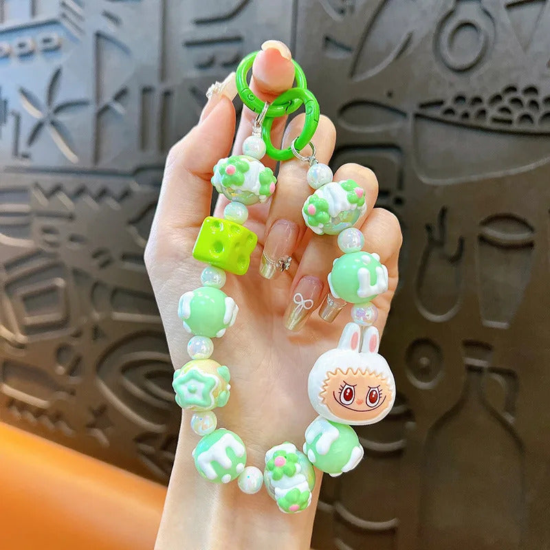 New Labubu wool ball bead Phone Chain Girls Kawaii Cartoon Backpack Pendant Cute Keychain Lanyard Bag Charm Mobile Case Gift