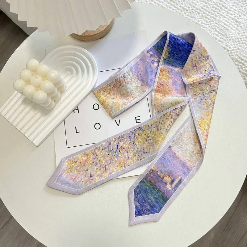 High-Grade Flower Print Long Silk Scarf Hair Band Ribbon Tied-up Hair Long Bow Vintage Satin Ribbon Hair Accessories For Women