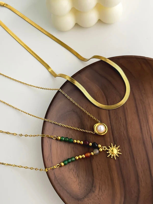 Peri'sbox Imitation Pearl Natural Stone Sunflower Pendant Necklace Women's Stainless Steel Flat Snake Chain Stackable Jewelry