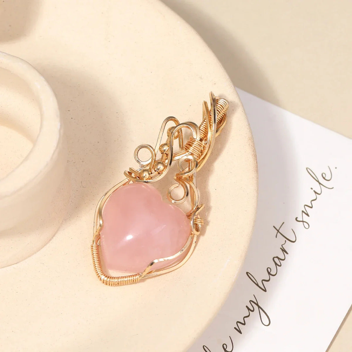 Gemstone Pink Crystal Heart Necklace Pendant Copper Wire Wrap Handmade Stainless Steel Jewelry Ladies Necklace Gift