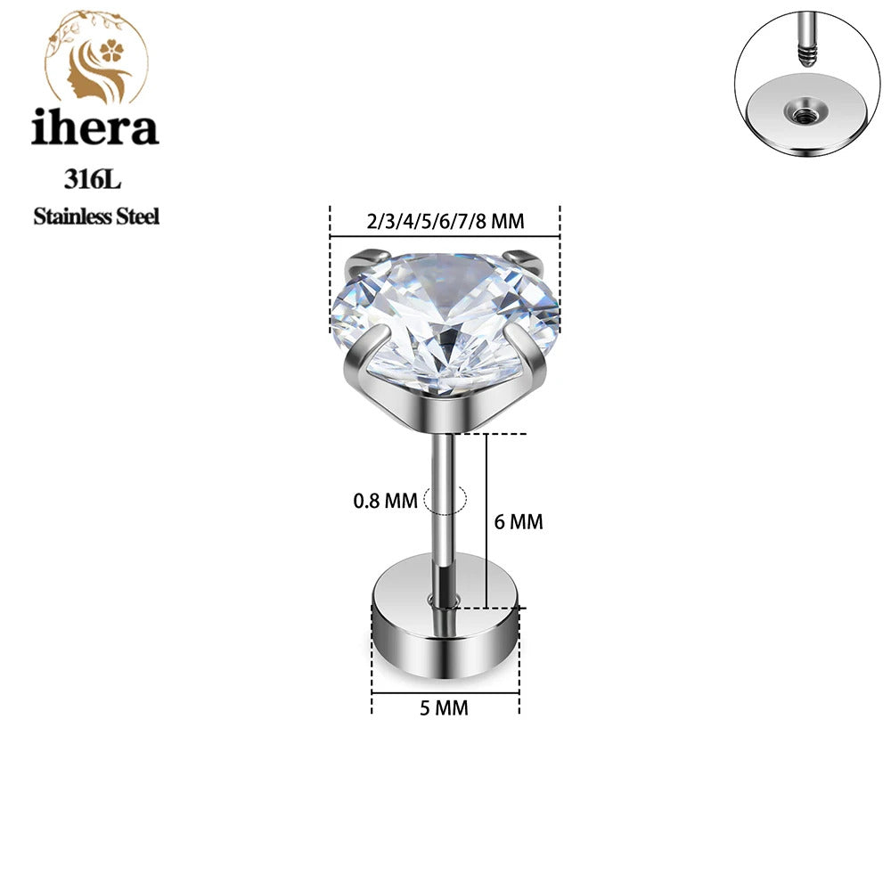 2/10PCS Stainless Steel 4 Prong Ear Studs Earrings Round Crystal Zircon Women Men Tragus Cartilage Piercing Fashion Jewelry