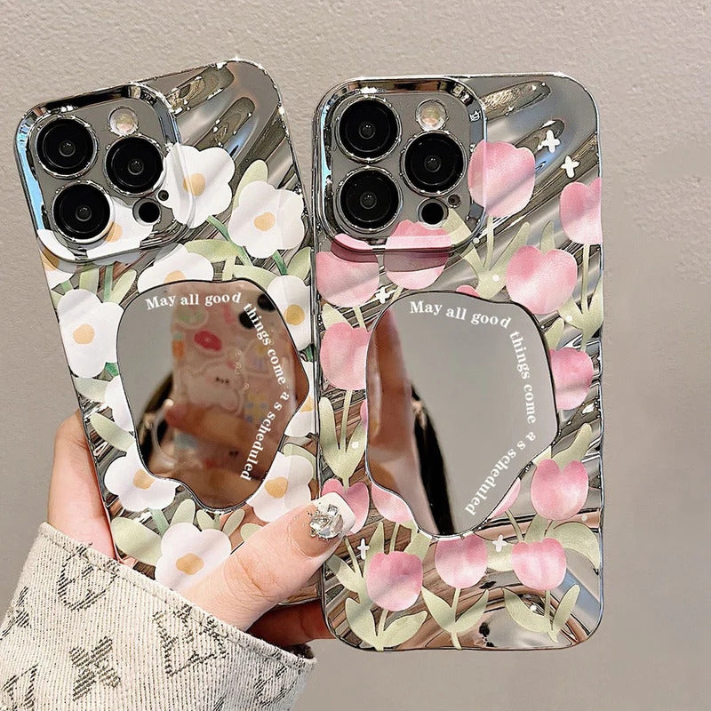 Pink Tulip Flower Phone Case For iPhone 11 Case iPhone 16 13 12 14 15 Pro Max Plating Make Up Mirror Wavy Soft Shockproof Cover