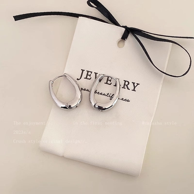 925 Silver Needle Hong Kong Style Retro Metal Earrings Women's High-Grade Geometric Simple Bracelet Ear Clip All-Match Exaggerated Commuter Earrings