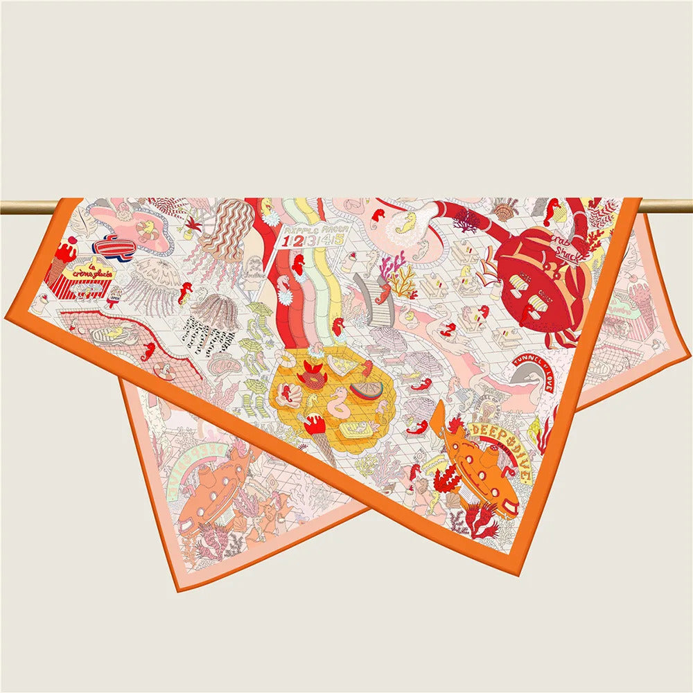 90Cm High-quality Twill Silk Double-sided Printing Submarine Playground Women's Large Square Scarf Scarf Chest Wrap Scarf