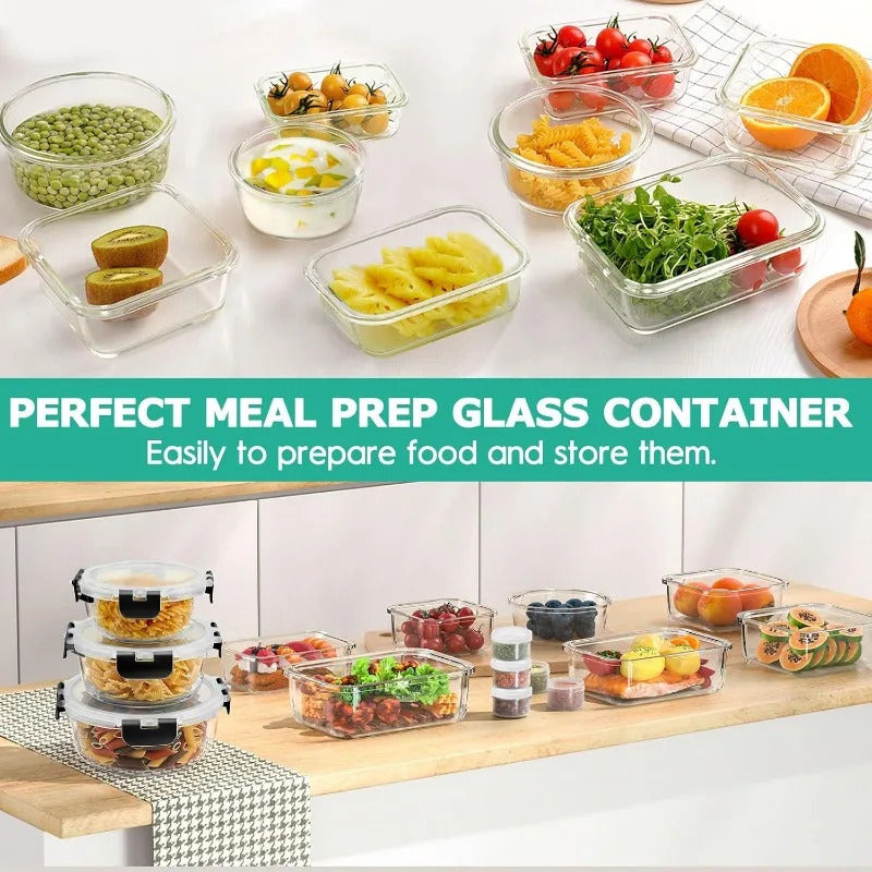 34pcs Glass Food Storage Containers with Lids Set, Airtight Glass Meal Prep Containers (17 Containers & 17 Lids), Leak Proof