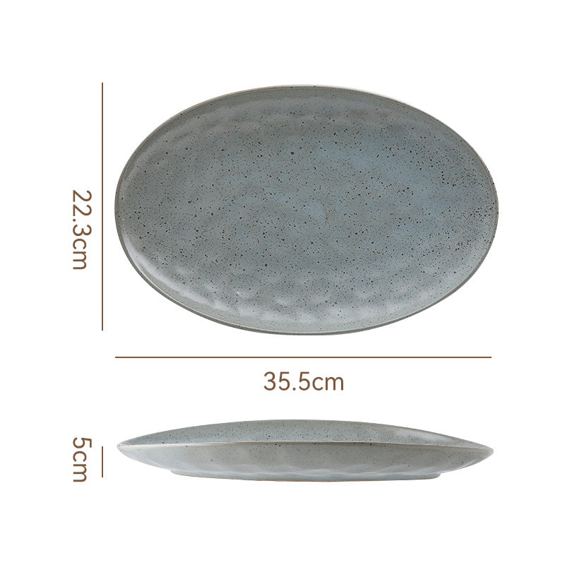 Vintage Coarse Pottery Oval Ceramic Long Plate Restaurant Home Large Capacity Personalized Fish Plate Sushi Pastry Dessert Display Plate