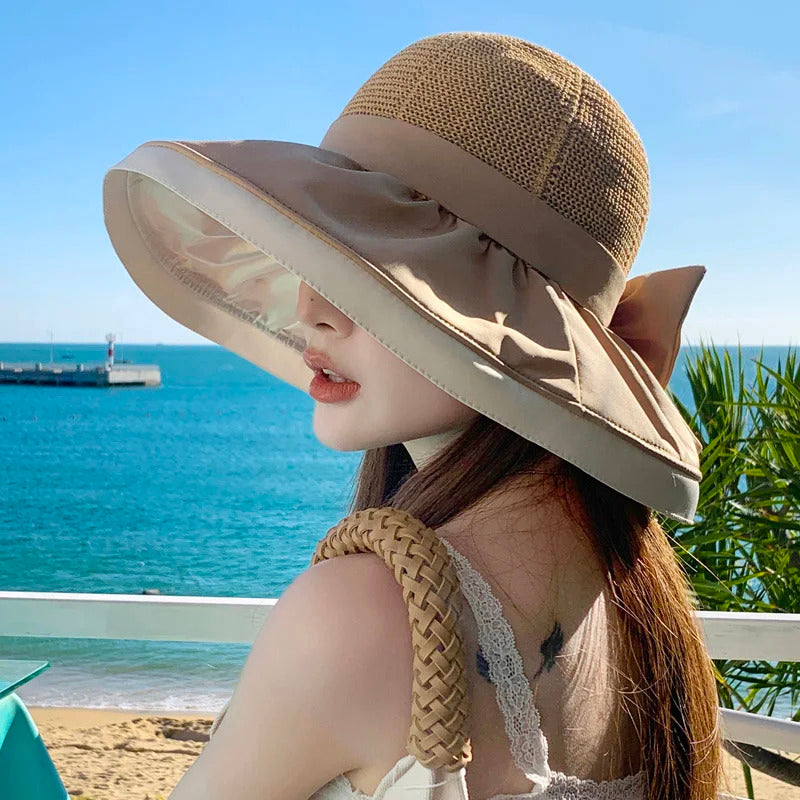 Women Bucket Hats Summer Sun Hat Large Brim Neck Protection Sunshade Hats with Bow Fisherman Caps for Ladies
