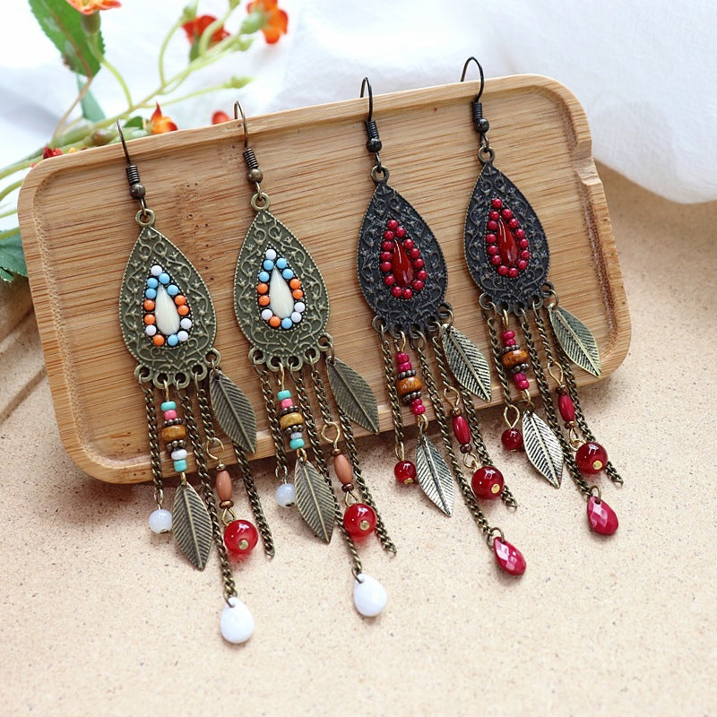 Retro Bohemian Long Tassel Earrings Women's Ethnic Style Water Drop Earrings All-match Elegant Holiday Earrings