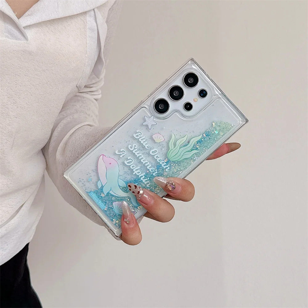 Glow In The Dark Dolphin Patterned Glitter Bling Soft Case For Samsung S24 Ultra S23 Plus S21 FE Note 20 Cover Luminous Funda