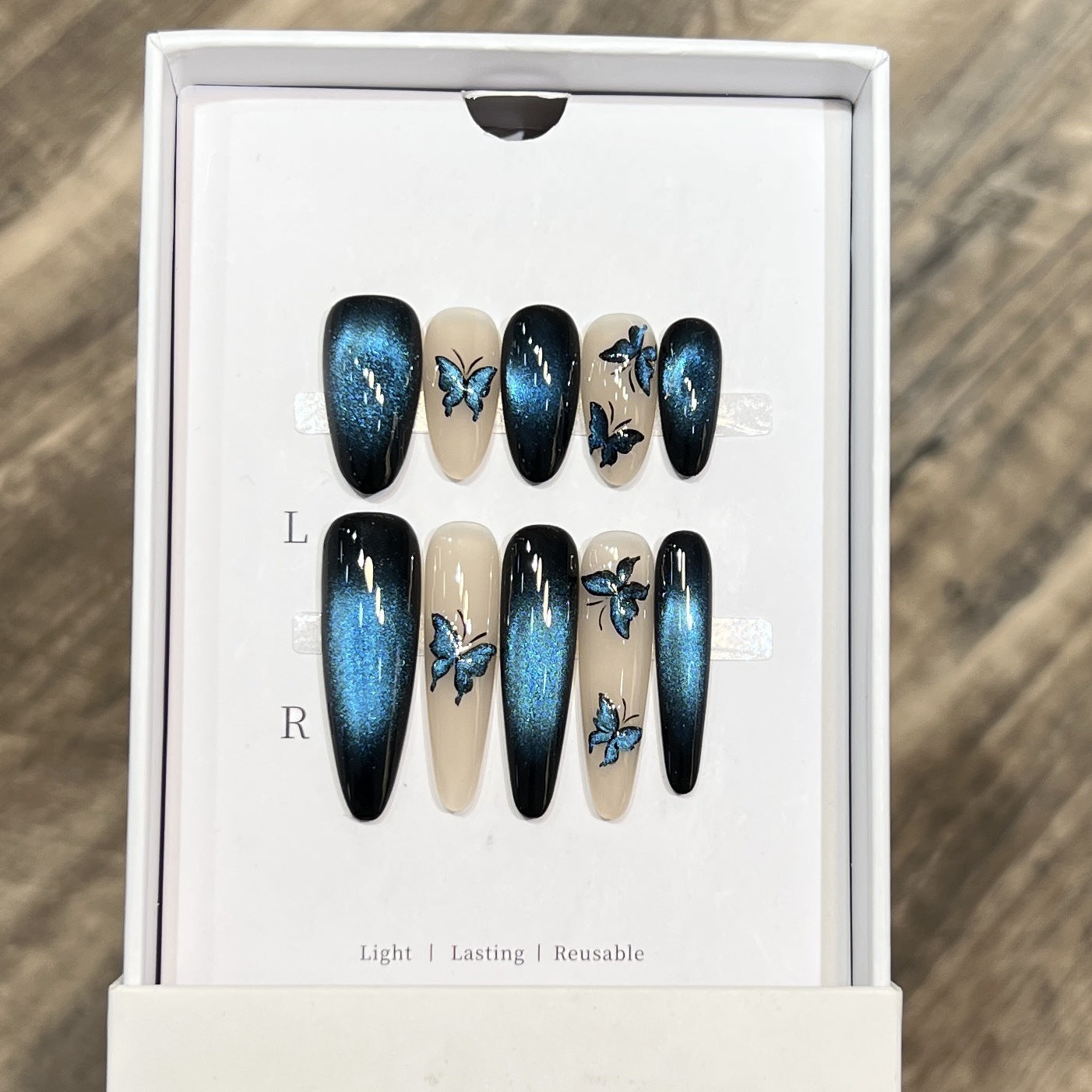 Dairison [Magic Butterfly] Wearable Nails Pure Handmade Advanced AB Glass Bead Cat Eye Dynamic Butterfly Nail Tips