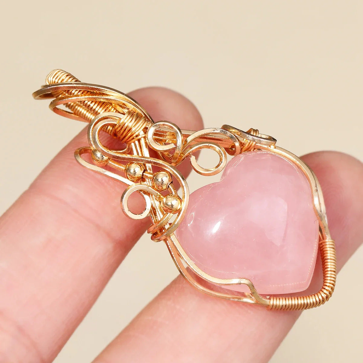 Gemstone Pink Crystal Heart Necklace Pendant Copper Wire Wrap Handmade Stainless Steel Jewelry Ladies Necklace Gift