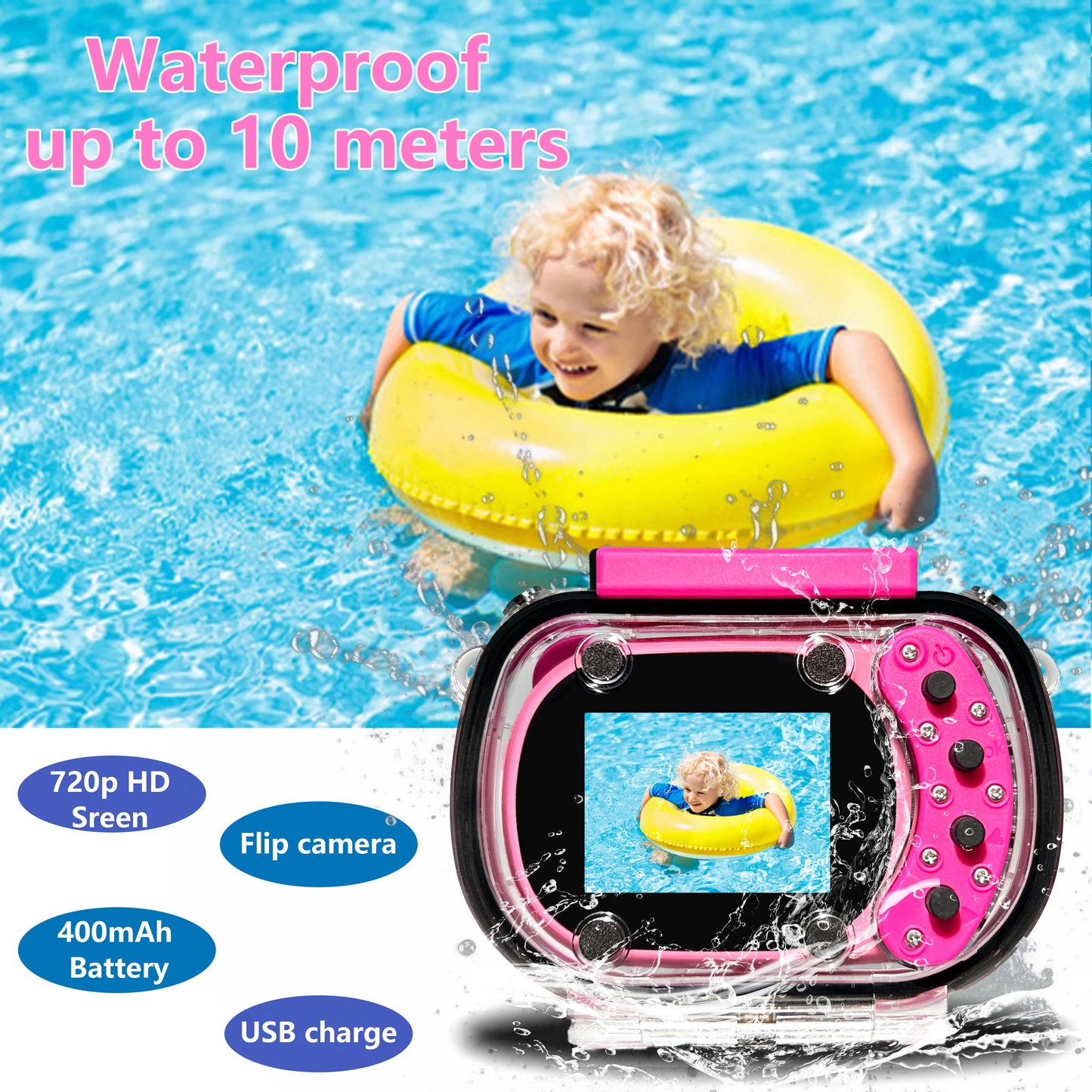 Kids Mini Waterproof Camera, Take Pictures & Record Videos & Games, Swimming & Sports USB Charge & 720P Resolution, Perfect Gift