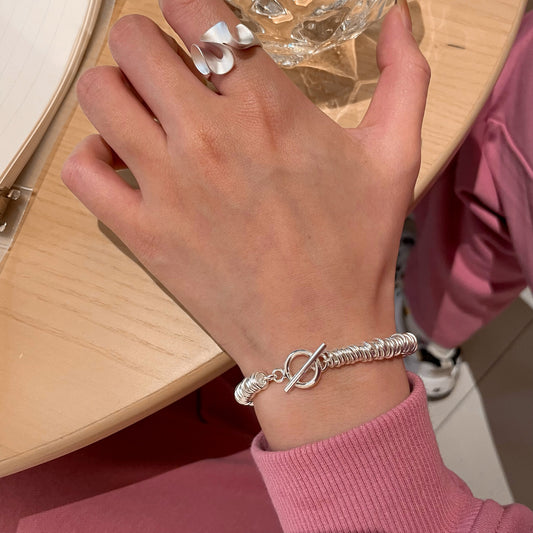 S925 Sterling Silver Heavy Craft Plain Silver Large Circle Bracelet Fashionable Elegant Personality OT Buckle Thick Chain Bracelet