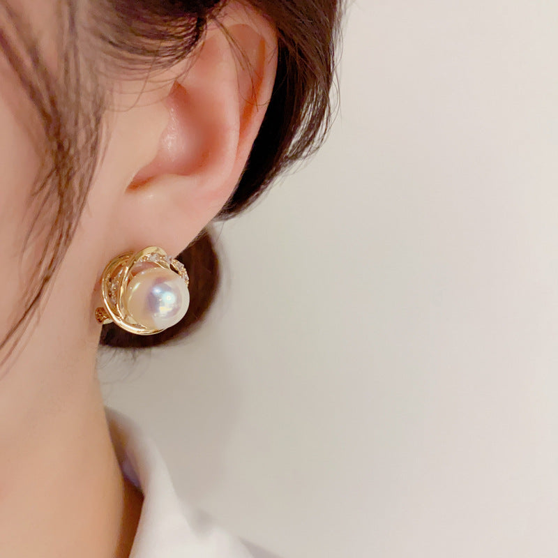S925 Silver Needle Korean Fashion Simple Diamond-Studded Wrapped Pearl Earrings Exquisite Petite Versatile Socialite Earrings