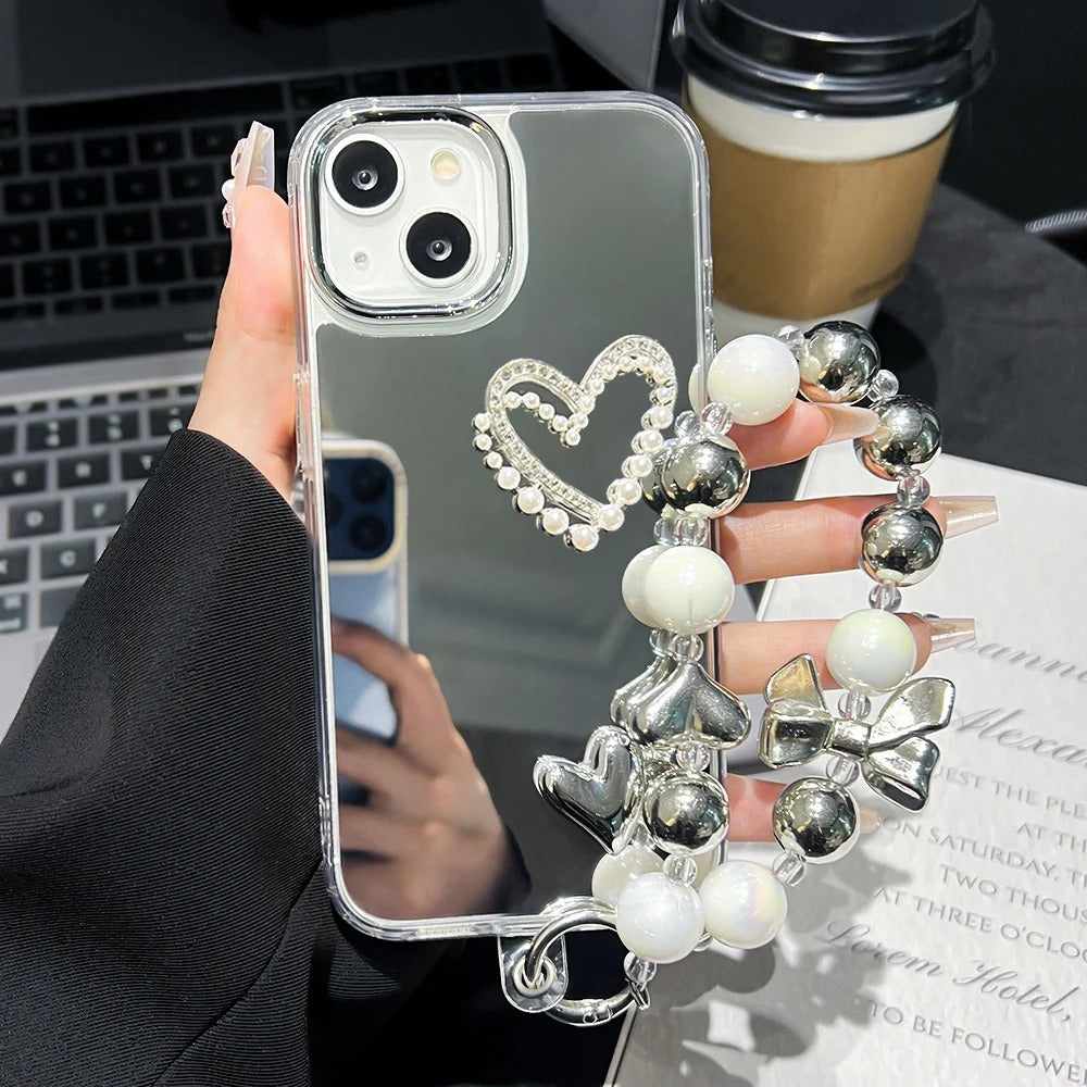 Love Heart Lanyard Mirror Phone Case For iPhone 13 11 16 15 Pro Max 12 14 Plus XR X XS Case Wrist Chain Makeup Mirror Soft Cover