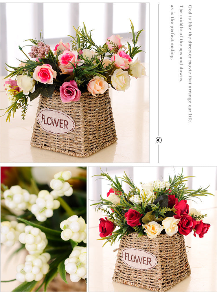 Handmade Straw Woven Flower Basket Woven Storage Living Room Decoration Ornaments Artificial Flower Arrangement Flower Basket