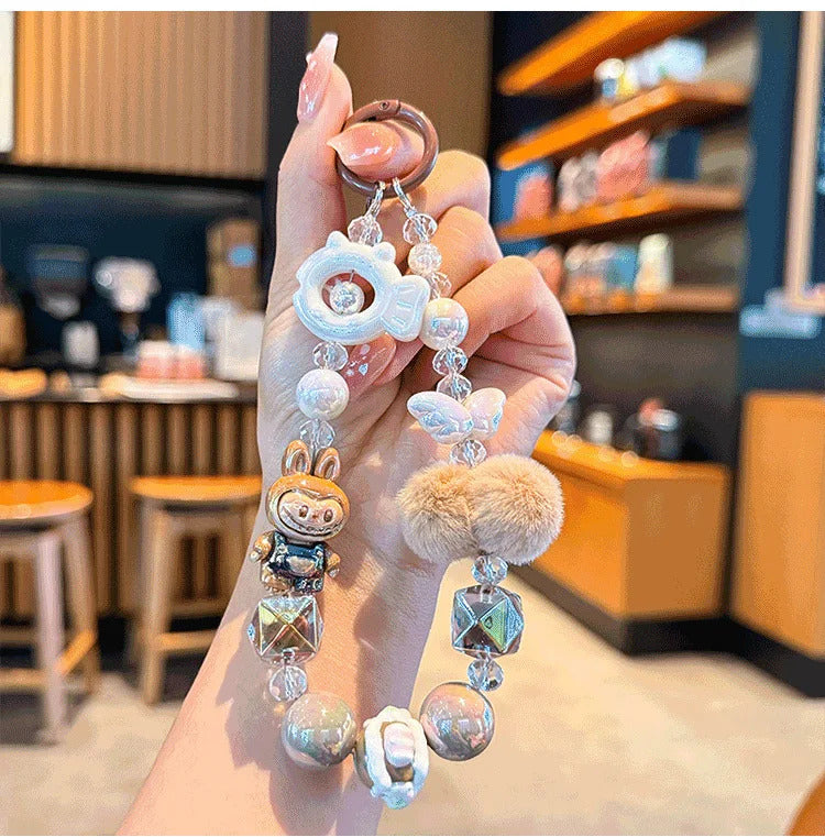 New Labubu wool ball bead Phone Chain Girls Kawaii Cartoon Backpack Pendant Cute Keychain Lanyard Bag Charm Mobile Case Gift