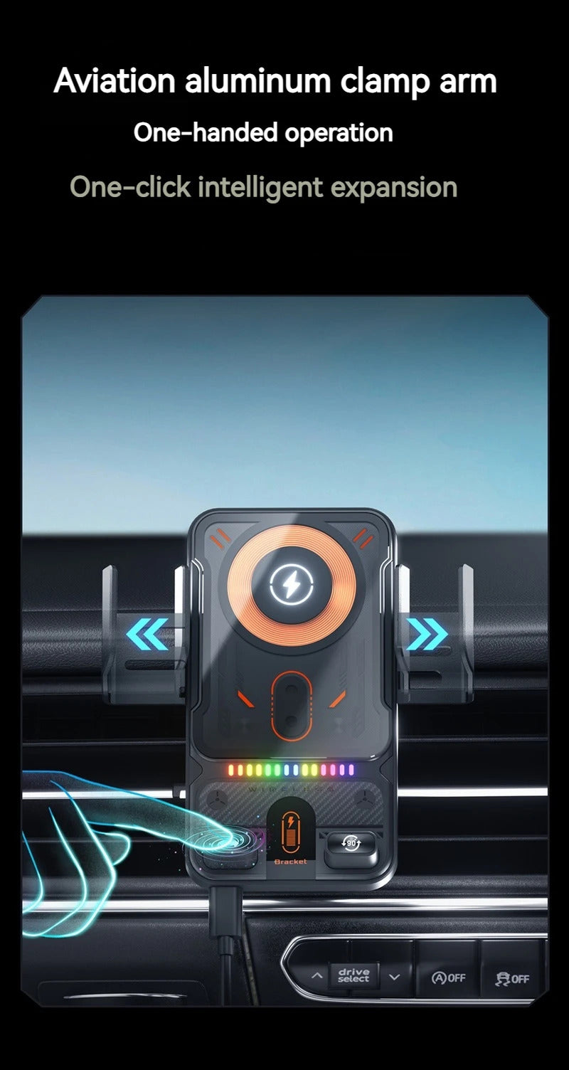 2025 New F18 Car Wireless Charger Holder Auto-Sensing Electric Telescopic 90° Rotation Ambient Light Universal for Cars/Phones