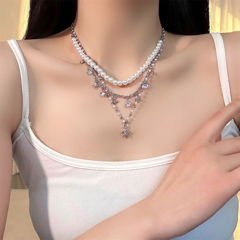 Iterative Five-pointed Star Pendant Pearl Necklace Cold Style Light Luxury Spice Clavicle Chain