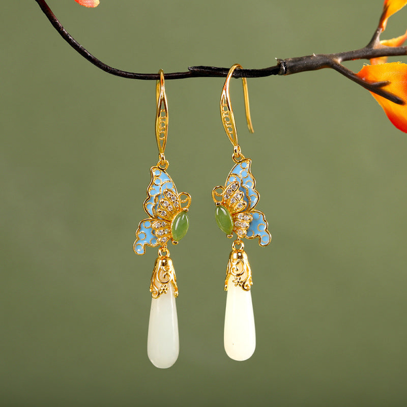 Chinese Style Hanfu Accessories 2025 New Water Drop Earrings for Women New Chinese Style Retro Colorful Butterfly Earrings