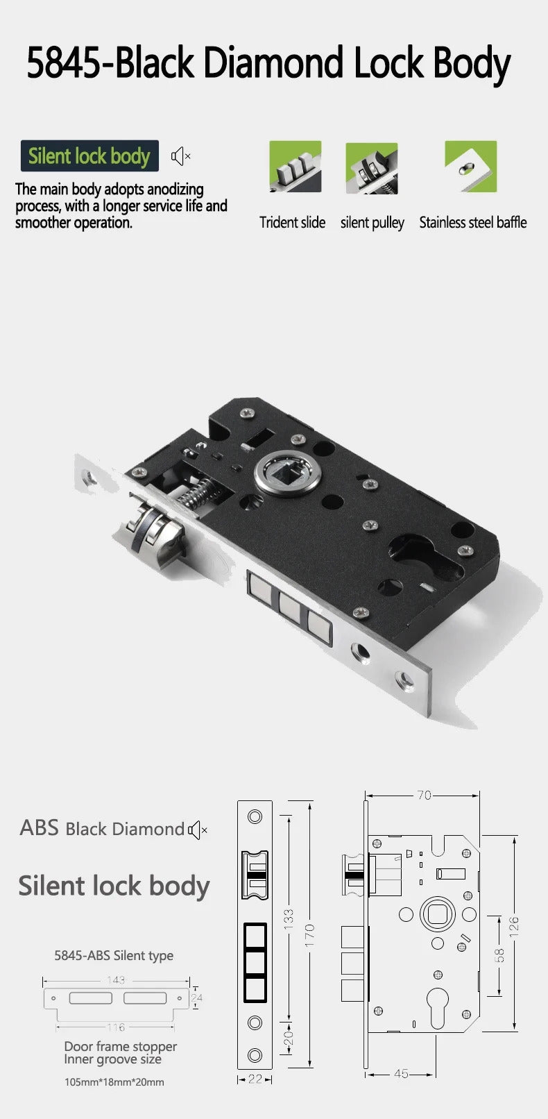 Black French interior bedroom handle lock, household wooden door lock, bathroom and room split lock