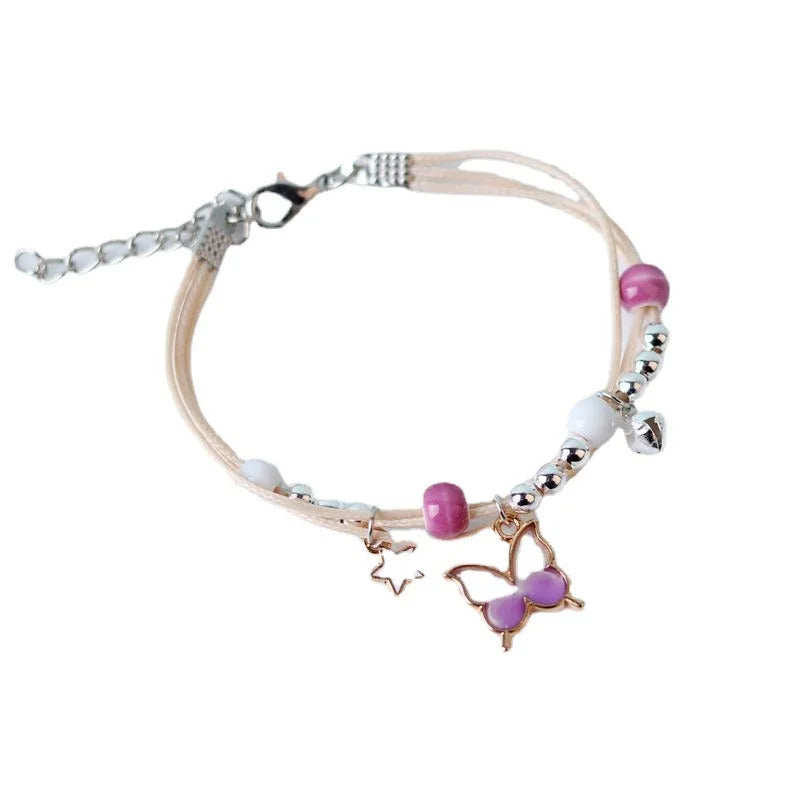 Kpop Cute Colorful Butterfly Bracelet for Women Girl Fashion Hand-woven Star Bell Beads Flower Pendant Bracelet Sister's Jewelry