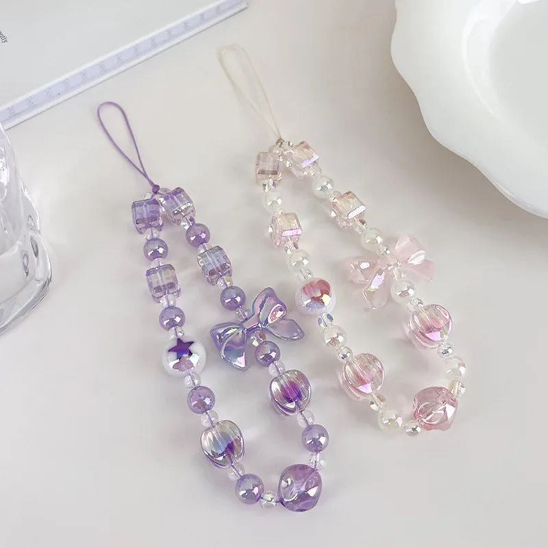 Sweet Candy Color Mobile Phone Chain Cute Bow Beaded Cellphone Pendant Charms Women Cell Phone Case Anti-loss Lanyard Jewelry