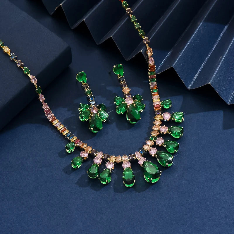 3PC Women's Fashion Zircon Water Drop Necklace Earrings Jewelry Set Design Sense Wedding Party Festival Gift-8563