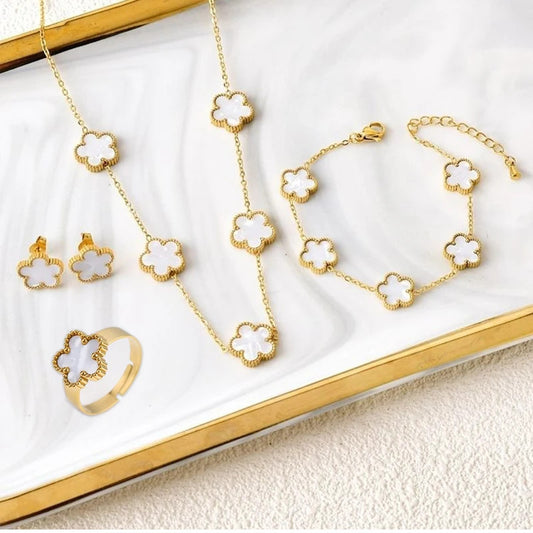 Classic Luxury 4pcs Stainless Steel Bracelet Necklace Earrings Ring Five Leaf Flower Jewelry Set for Women Party Jewelry Clover