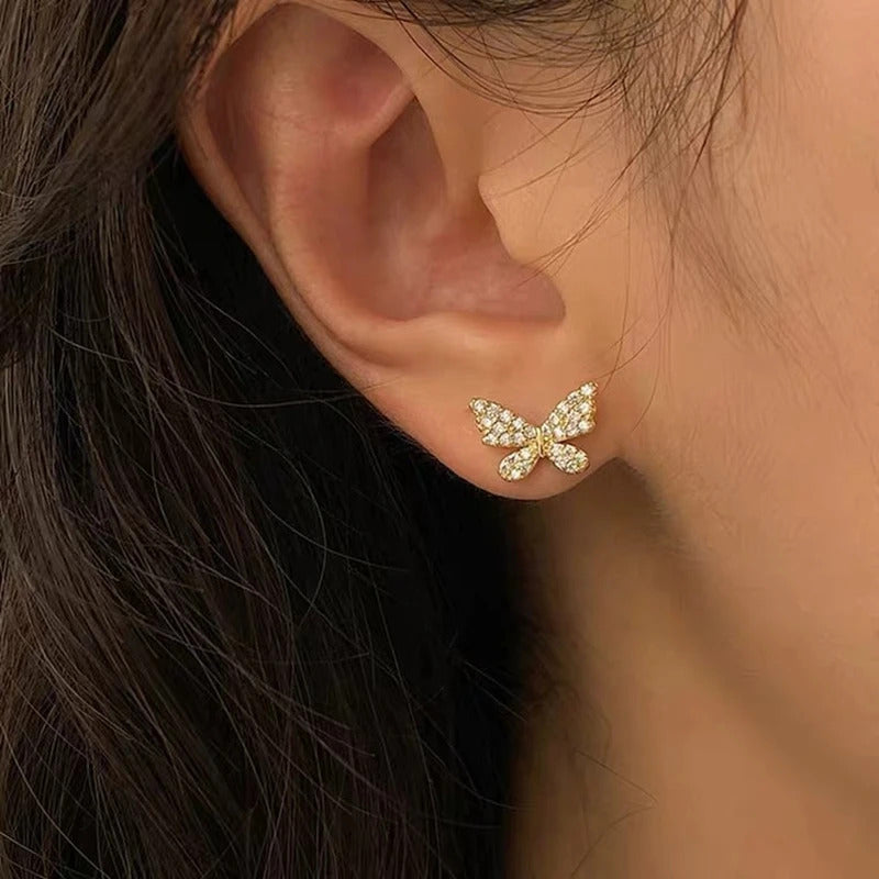Rhinestone Butterfly Stud Earrings For Women Girls Korean Cute Fashion Metal Cuff Chain Tassel Boucle D'oreille Jewelry