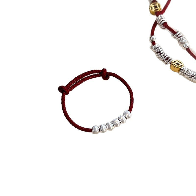 Zodiac Year Red String Fortune Bead Ring for Women, Fresh Style Pull-out Index Finger Ring, Niche Versatile Hand Jewelry New Arrival